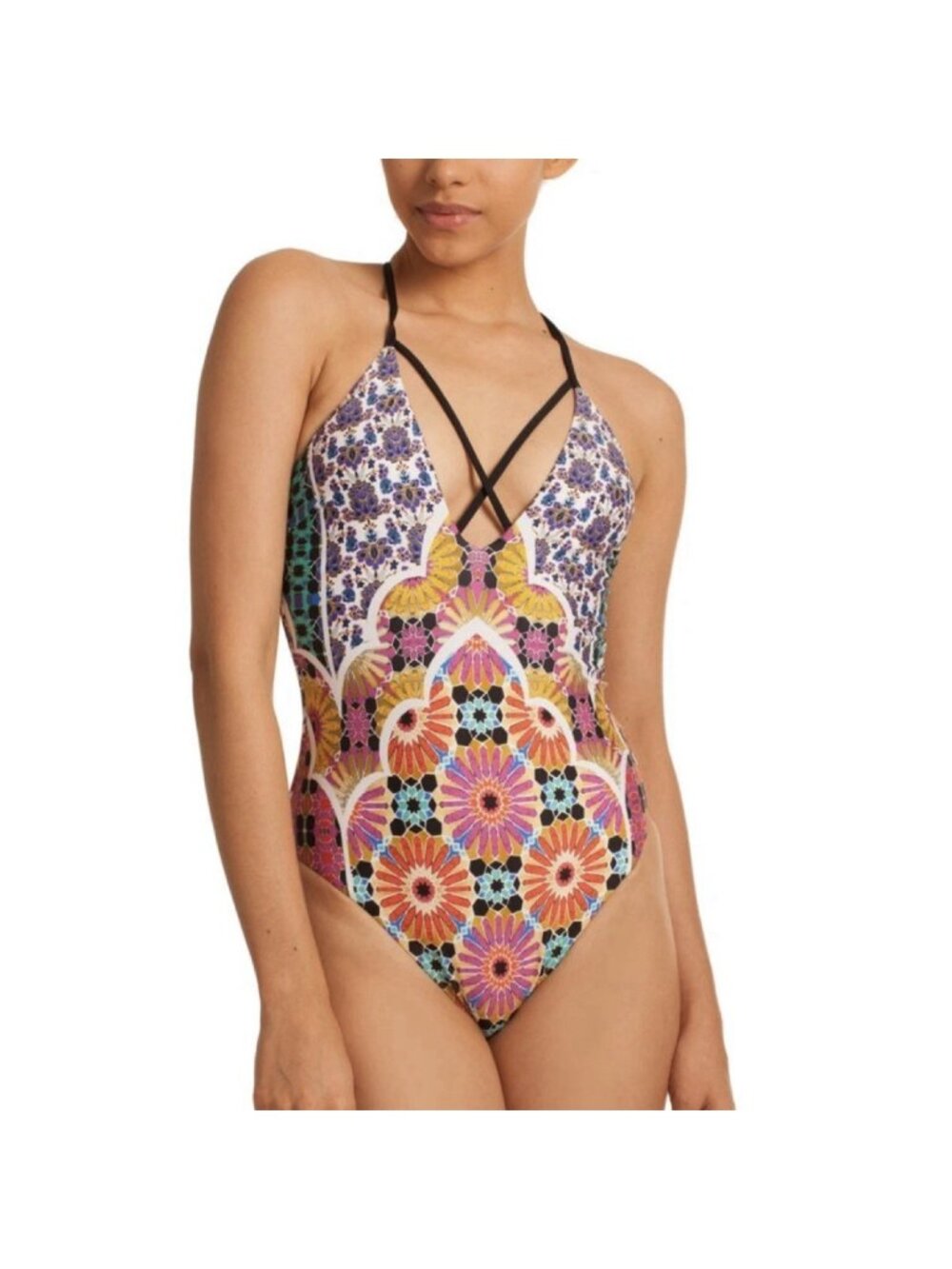 Trina Turk Floral Golden Medallion Print V-Neck Strappy One Piece Swimsuit Sz 14